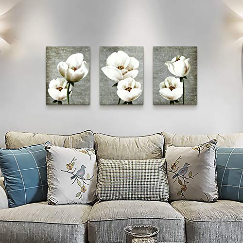 Image of Vintage Style White Flowers Abstract Wall Art - 3 Panels Modern Family Decor For Living Room, Bedroom, Bathroom, Kitchen