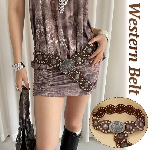Disc Boho Western Belt for Women–Stylish Chunky Cowgirl Belt with Metal Buckle,PU Leather,Perfect for Dresses & Jeans (Coffee)4