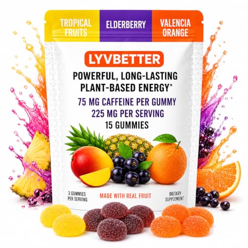 Energy Gummies - Lyvbetter - in 3 Different Flavors - 75mg Caffeine per Gummy 3 Gummies per Serving - 15 Gummies Total