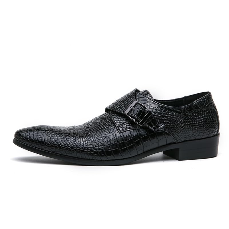 HOOENG Formal Shoes for Men Slip On Pointed Burnished Toe Faux Leather Crocodile Print Monk Strap Block Heel Slip Resistant Anti-Slip Outdoor(Color:Black,Size:7.5)2
