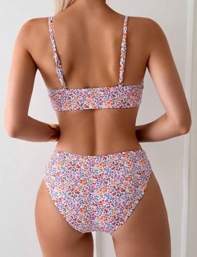 YIMISAN Women's Two Piece Swimsuit Floral Print Bikini Sets Spaghetti Straps Scoop Neck Mid Waist Cheeky Bathing Suit3