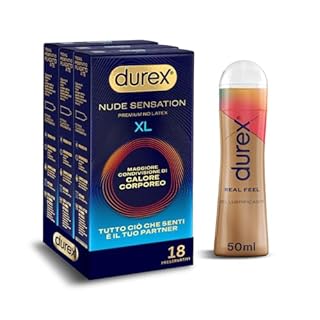 Durex Nude Sensation XL, 18 preservativi uomo in Nitrile, senza lattice di gomma naturale, ultra sottili ed extra lubrificati, vestibilità ampia, 3 confezioni da 6 preservativi​ + Gel Real Feel 50ml