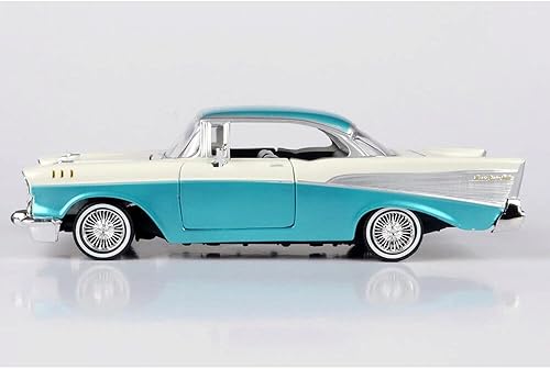 Miniatura 2 de 1957 Chevy Bel Air Lowrider Turquesa Metálico y Blanco Get Low Series 1/24 Modelo de automóvil fundido a presión por Motormax 79029