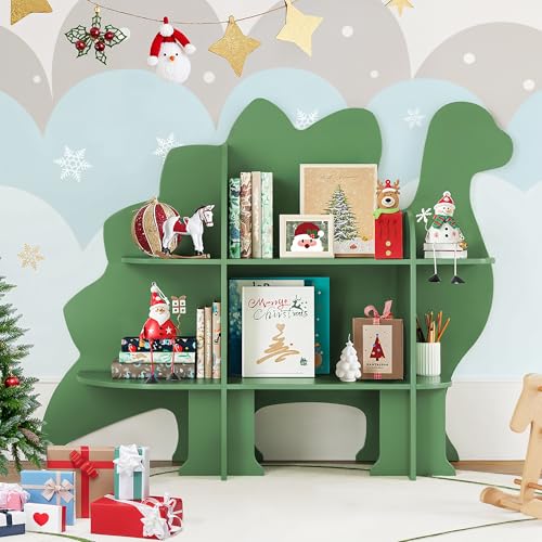 Curipeer Dinosaur Kids Bookshelf 2-Tier Bookshelf for Kids Baby Bookshelf and Toy Storage Wooden Kids Bookcase Toddler Book Shelf Organizer for Kids Rooms Nursery Bedroom Playroom Green