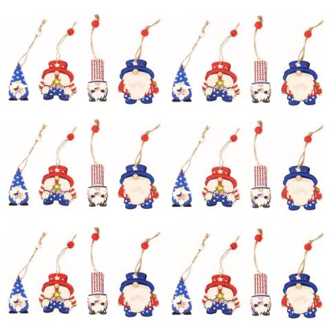 24 Pack July Party Wooden Ornaments, Hanging Wooden Pendants for 4th of Independence Day Supplies, Red White Blue Patriotic Gnomes Shaped Cutouts Tree Pendant for USA Patriotic Party Decoration Cover