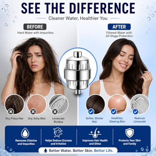 Image of 20 Stage Shower Head Filter for Bathroom Hard Water Softner | Water Softener | Hard Water Filter Tap, Reduces hair fall, Protects Skin | Remove Chlorine and Harmful Chemicals (Pack of 1)