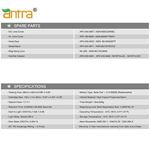Antra True Color Top Optical 1/1/1/1 Wide Shade 3/5-14 With Shade Lock Large Viewing 12.5 Sqi Digital Solar Power Auto Darkening Welding Helmet Dp9-01 Tig Mig/Mag Mma Plasma 6+1 Extra Lens Covers #TOP7