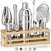 BARE BARREL Mixology Bartender Kit Bar Set | 16-Piece Cocktail Shaker Set | Martini Barware Mixing Tools for Home Bartending | Incl. 35 Recipe Cards | Gift Set 24oz Cobbler Shaker, Silver/Natural