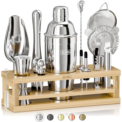 BARE BARRELÂ® Mixology Bartender Kit Bar Set | 16-Piece Cocktail Shaker Set | Martini Barware Mixing Tools for Home Bartending | Incl. 35 Recipe Cards | Gift Set (24oz Cobbler Shaker, Silver/Natural)
