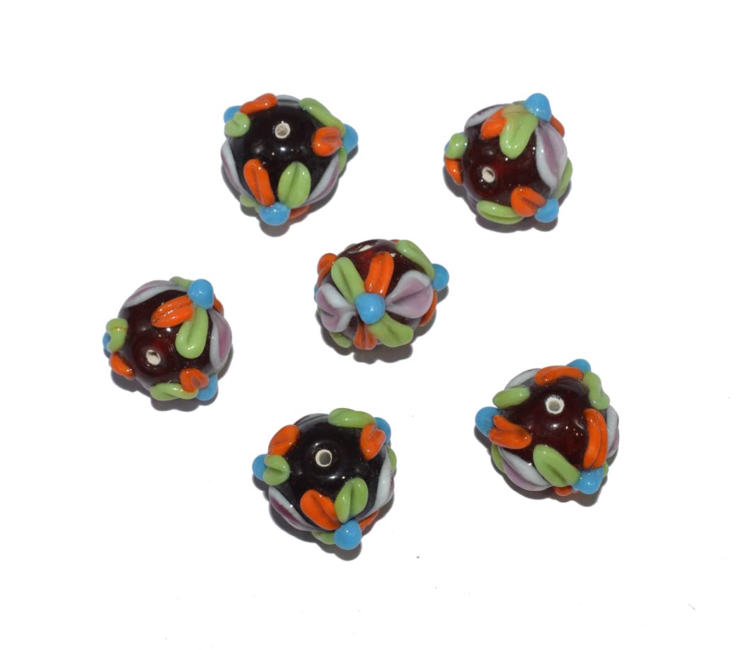 Beadwaala Handmade Lampwork Glass Beads Flower Round Handmade Bead for Earrings Jewelry Bracelet Necklace Making and DIY Craft (Per Packet of 10 Pcs) BWGLS-001