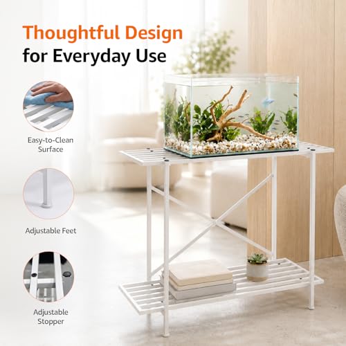 Image of Amazon Basics 2-Tier Fish Tank Stand | Heavy-Duty Metal Aquarium Rack | Adjustable Feet | Multi-Purpose Storage Shelf | Rust-Resistant Powder Coated Finish | Easy Assembly | White | 88L x 29W x 74H cm