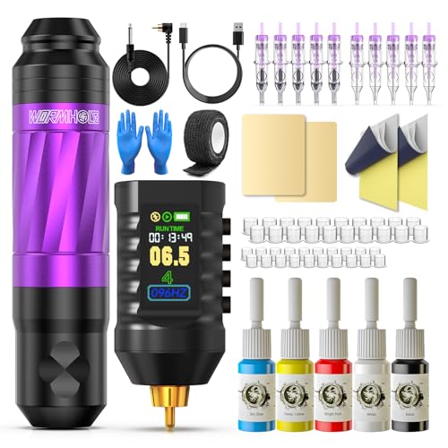 Wormhole Tattoo Gun 43pcs Tattoo Kit Wireless Tattoo Machine with Digital LED Display 1,800 mAh Battery Tattoo Cartridge Needles Tattoo Practice Pen Tattoo Supplies for Beginners WTK287 NEW
