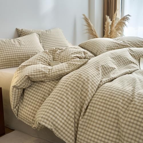 Image of VM VOUGEMARKET Khaki Gingham Duvet Cover Queen 3 Pieces Neutral Beige & Mocha Plaid Duvet Cover 100% Washed Cotton Comforter Cover with 2 Pillowcases Farmhouse Checkered Bedding Set