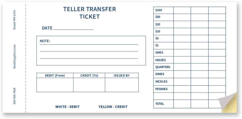 BankSupplies Teller Transfer Ticket | 3.68” W X 7.75” H | Pack of 100 | Larger Note Section | 2-Part Form | Stock Material | to & from Details | Recordkeeping & Money Handling Forms