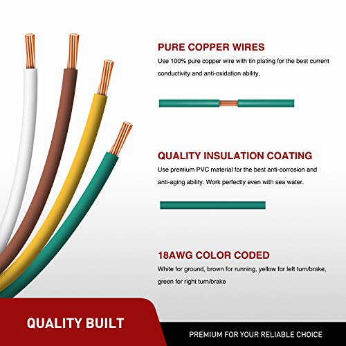 Nilight - 10039W 4 Pin Flat Trailer Wiring Harness Kit 18Awg 25Feet Male 4Feet Female Wishbone-Style Wiring Harness Extension Kit For Utility Boat Trailer Lights #TOP2