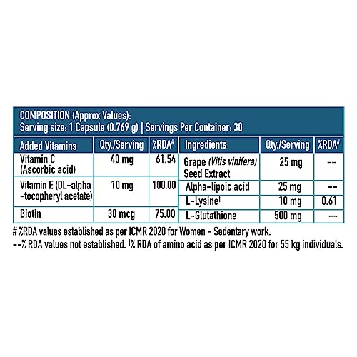 HealthKart HK Vitals Glutathione with Vitamin C & E, Biotin, Grape Seed Extract & Alpha Lipoic Acid, Antioxidant Support, for Skin Glow and Hydration, 30 Veg Capsules - Image 3