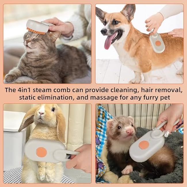 Cat Dog Hair Steam Brush: 4 in 1 Pet Grooming Tool Rechargeable Groomer Silicone Comb for Massage, Cleaning, Shedding and Combing, Anti-Static, 360¡ã Portable Handle for Long or Short Hair Pet (Orange)-rREBdQzP
