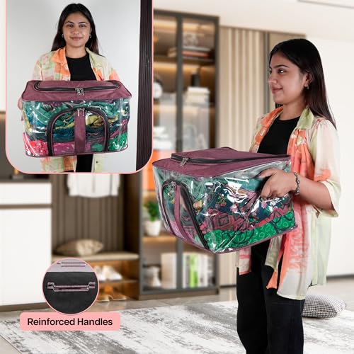 Image of Storite Nylon 33 L PVC Transparent Moisture Proof Storage box for Clothes Closet Wardrobe Organizer for Clothes Saree Bags with Carry Handle (Grey, 44L x 31W x 24H cm) (Vivid Red, 4 Pack)