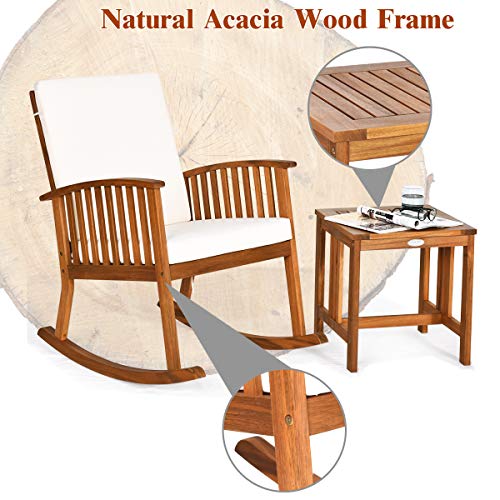 Tangkula Acacia Wood Patio Bistro Set, Outdoor Rocking Chair With Table, Porch Rocker With Thick Cushion Of Detachable Cover, Porch Rocking Chair Table Set For Outdoor Indoor Patio Backyard, Teak #TOP4