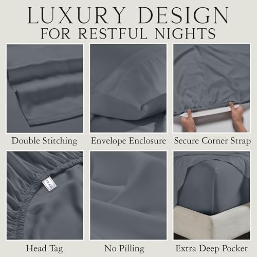 Image of KARISSA MAE Bamboo Viscose 34 inch Split Top King Size Sheet Set, FSC Certified | Single 34 inch Split Fitted Sheet | Sleep Number & Adjustable Bed | Cooling | 18 inch Deep Pocket w / Corner Straps [Charcoal Grey]