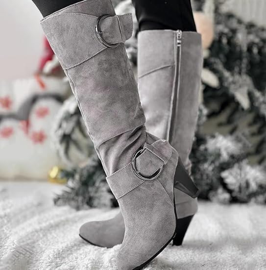 Women's Knee High Low Hidden Wedge Boots Suede Faux Fur Lining Side Zipper Knee High Buckle Boots