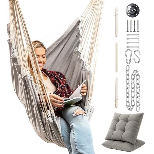 Image of Hanging Hammock Chair Swing - Hanging Chair Outdoor & Indoor - Hammock Swing Chair - Quick & Easy Setup with Hardware Kit - Durable & Spacious Full Body Support with 2 Plush Cushions - Holds 440 Lbs