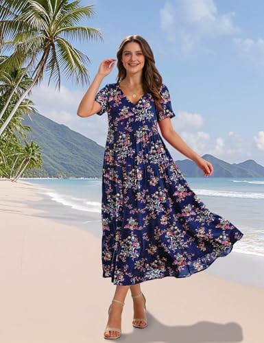 Image of YESNO Women's Summer Maxi Dresses Casual Floral Short Sleeve V Neck Boho Beach Vacation Swing Dress with Pockets EVF
