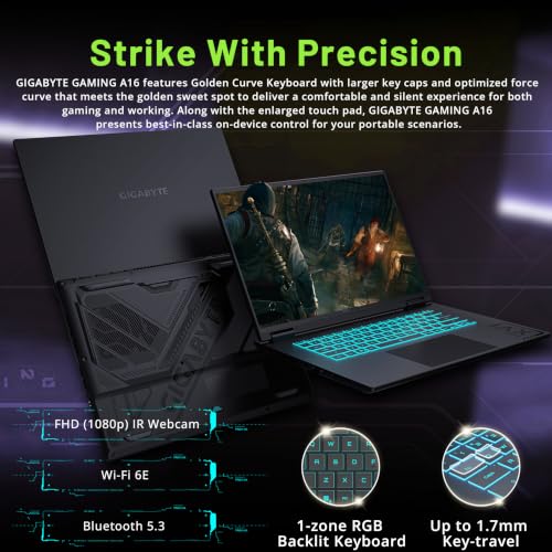 Image of GIGABYTE A16 16 inch WUXGA 165Hz Gaming Laptop, Intel Core i7-13620H, NVIDIA GeForce RTX 5060 8GB GDDR7, 32GB DDR5, 3TB Storage(2TB SSD+1TB Docking Station), RGB Backlit Keyboard, Win 11 Pro, Black Steel