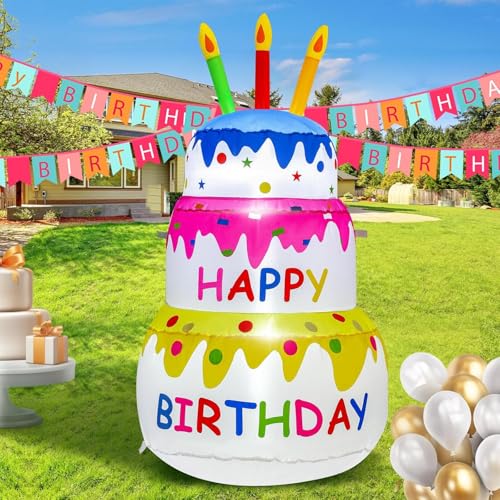 4FT Happy Birthday Inflatable Cake with Candles Built-in LED Lights Blow Up Yard Decoration for Indoor Outdoor Garden Lawn Patio Party Holiday