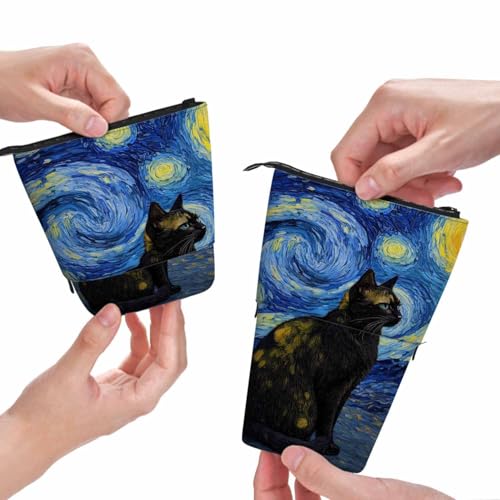 Image of Swono Shambhala Cat Pencil Case Vincent Van Gogh Impressionist Art Sky Scene Standing Pencil Case Pencil Pouch Pencil Holder Blue