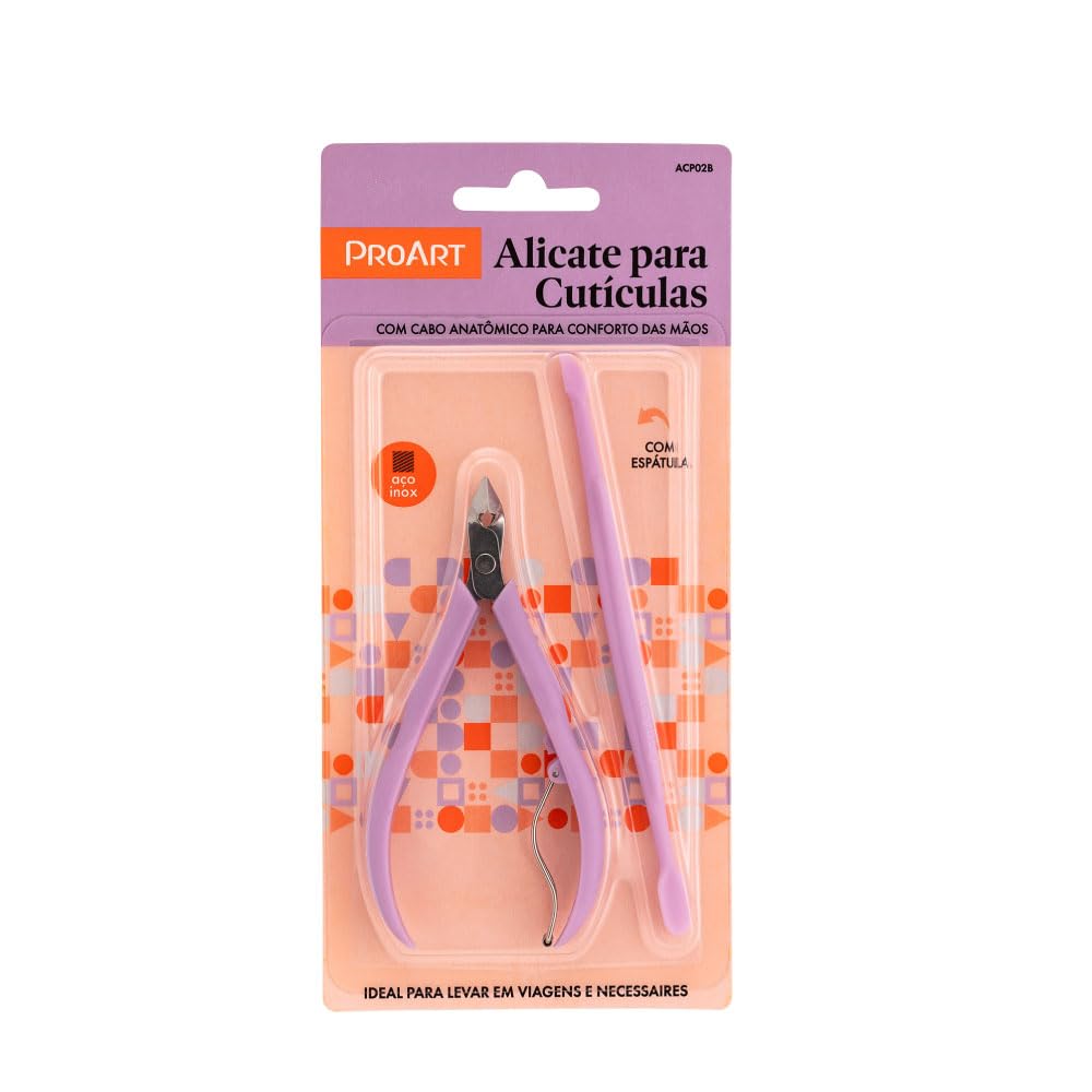 Detalhe do Alicate para Cutículas Proart lilás com espátula na embalagem transparente.