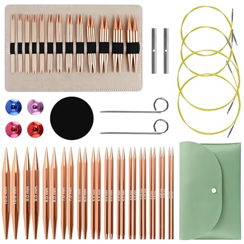 13 Paires Aiguille Circulaire Interchangeable, Aiguille a Tricoter en Aluminium de 3-10mm, Kit Aiguilles à Tricoter Circulaires avec 4 Câbles, Étui et...