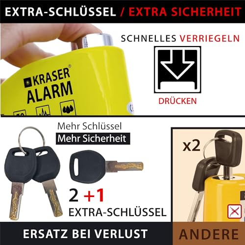 KRASER WA6Y Bremsscheibenschloss mit Alarm 110 dB, Verstärkt, 3 Schlüssel (2 Ersatz) Hochsicherheits Motorrad Schloss, Wasserdicht,1.5m Rückrufkabel, Tasche, Universal Motorradschloss, Fahrradschloss
