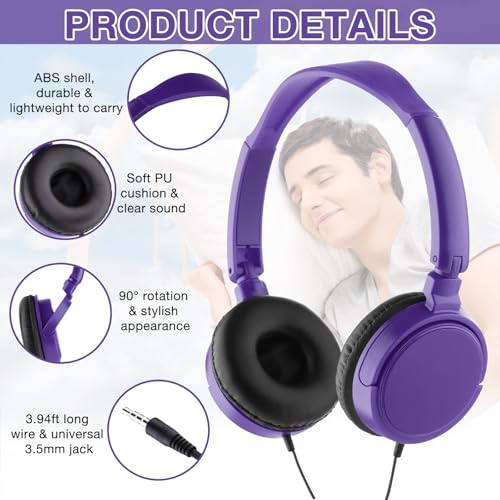Image of Yunsailing 18 Pack Classroom Headphones Bulk, Wired Headphones,Purple | Student School Supplies, Individually Wrapped, Adjustable, over Ear Head Earbuds, for Laptop PC Computer