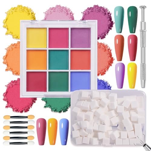 Image of 9 Colors Nail Pigment Powder Palette Set, Pigment Powder for Nails and Nail Art Sponges with Grabbing Pen, Pigmentos para Unas, B