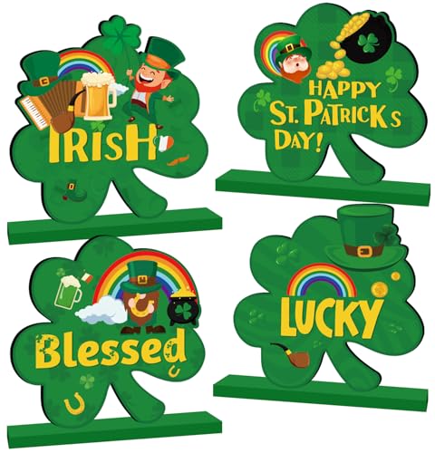 4Pcs St Patricks Day Decorations, Happy St Patricks Day Wooden Table Centerpieces, Rainbow Lucky Gnome Green ShamrockTable Decoration for St Patricks Day Party Supplies Decor, Irish Party Supplies