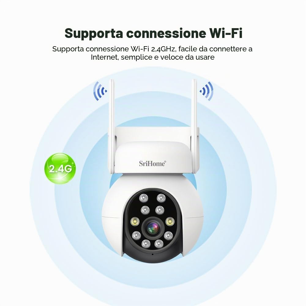 SRIHOME 5MP HD PTZ Telecamera di Sorveglianza, Rilevamento umano, Tracciamento del movimento, Allarme sonoro e luminoso, Audio bidirezionale, Uso esterno/interno