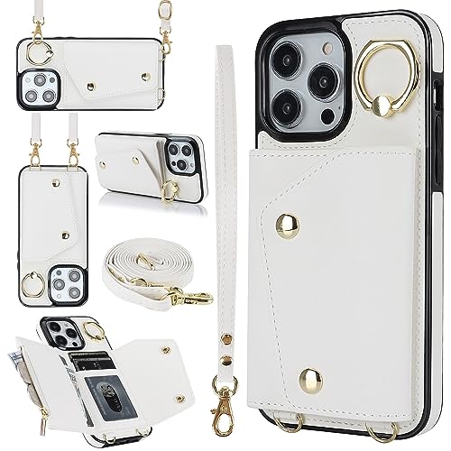 LUVI Compatible with iPhone 15 Pro Max Wallet Case with Card Holder Crossbody Neck Strap Lanyard Wrist Strap Purse for Women PU Leather Flip Case with Credit Card Kickstand Stand Case White