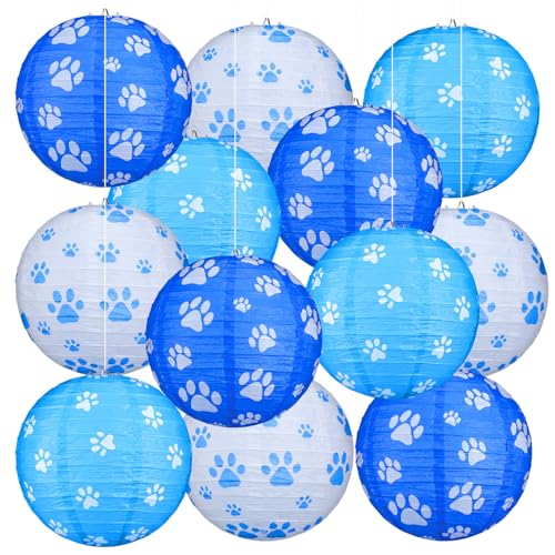 Image of Panelee 12 Pcs Dog Paw Print Paper Lanterns Puppy Themed Party Decorations Blue and White Pet Paw Print Round Hanging Lanterns 8 Inch for Dog Birthday Party Decorations Supplies Indoor Outdoor