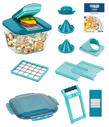 Nicer Dicer Chef Professional Coupe-légumes manuel 15 pièces avec couvercle de récipient de 5,2 l Ustensile de cuisine pour cubes, bâtonnets, tranches,...