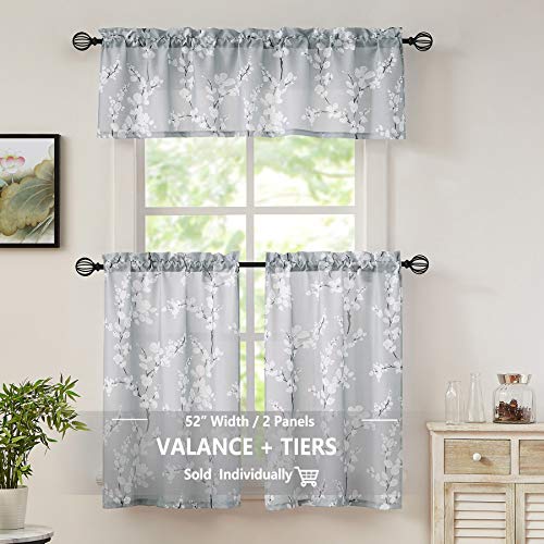 Fmfunctex Gray-White Kitchen Valance Curtain 15-Inches Length Blossom Print Canvas Window Curtain Valance For Cafe Floral Botanical Pattern Window Top Curtain Rod Pocket 1 Pack #TOP1