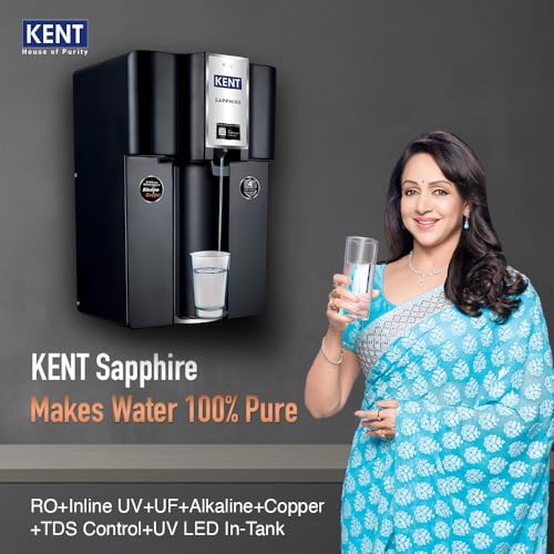 Image of KENT Sapphire-B RO Water Purifier|RO+UF+Inline UV+Alkaline+TDS Control+UV LED in Tank |Fully Automatic On & OFF Operation|.0001 Micron RO Membrane|20 LPH|8L| Ideal For Borewell /Tanker /Municipal Water