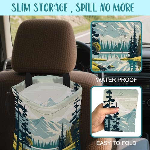 Image of Car Garbage Bag Mountain and River Forest Hanging Canvas Car Trash Bag Waterproof Drawstring Car Back Seat Organizer for Car Back Front Seat Console with Adjustable Buckle