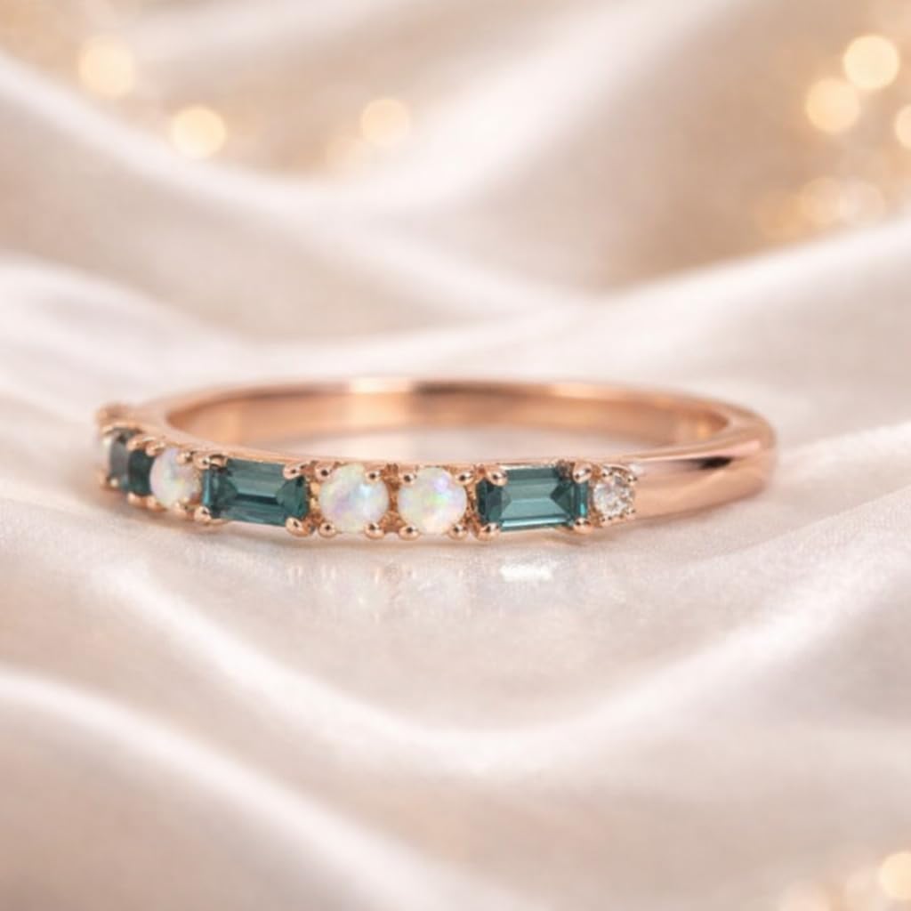 Teal Sapphire and Opal Wedding Band in 14K Rose Gold Baguette Cut Sapphire & Round Opal Half Eternity Ring Stackable Anniversary Band Minimalist Handmade Bridal Jewelry Gift for Her