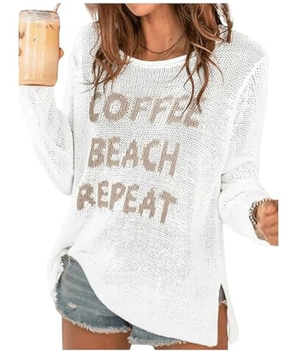 Image of Women's Beach Cover Up Letter Print Long Sleeve Sweater Summer Tops | Crochet Tops Shirts Casual Crewneck Split Hem Pullover