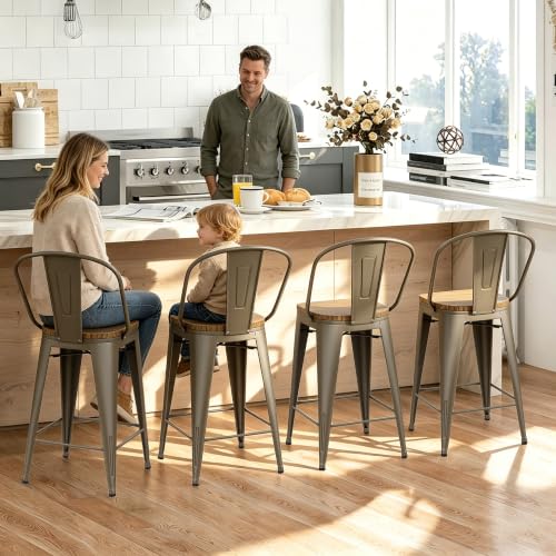 Butacos giratorios de bar de 24 pulgadas, juego de 4 sillas de altura para mostrador con estructura metálica y asiento de madera, estilo granja moderna para isla de cocina o comedor miniatura 6