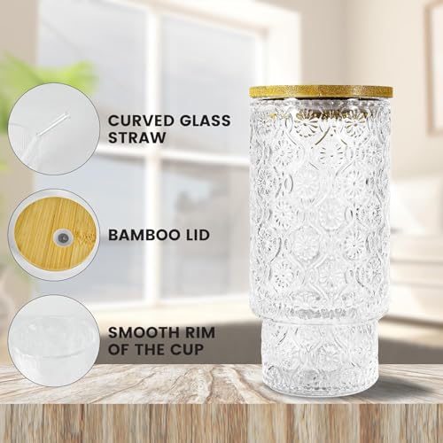 Image of WEZOSHINET Glass Sipper Mugs with Wooden Lid & Straw Pack of 1, 300ml Clear Textured Embossed Drinking Glasses Tumbler for Iced Coffee Beer Cocktail Home & Travel Cup (Embossed)