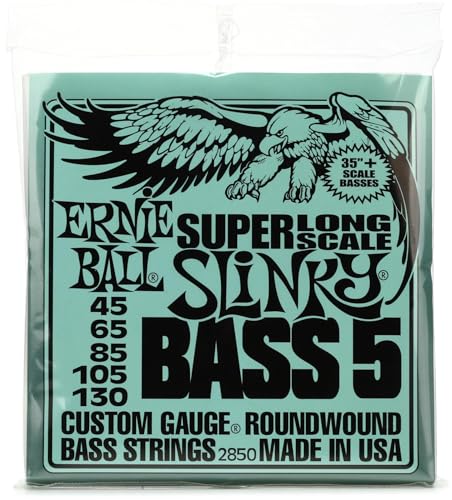 Ernie Ball Slinky P02850 - Cuerdas para bajo eléctrico de 5 cuerdas, escala superlarga, calibre 45-130