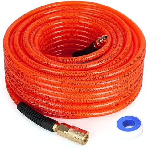 FYPower Air Compressor Hose 1/4 Inch x 100 Feet Reinforced Polyurethane (PU) Air Hose with Fittings, Bend Restrictors, 1/4" Industrial Quick Coupler and Plug Kit, Red Cover