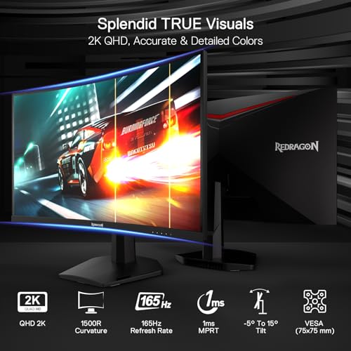 Image of Redragon 27 inch 144hz /165HZ Curve Gaming Monitor, QHD 2K (2560X1440) VA Frameless Computer Monitor, 1ms Response Time, Fully Compatible, VESA Wall Mount